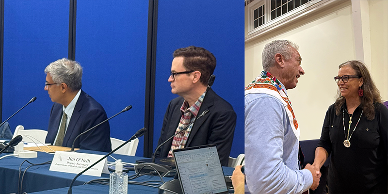 Left: Jay Bhattacharya and Jim O'Neill. Right: Robert F. Kennedy, Jr. and Karina Walters